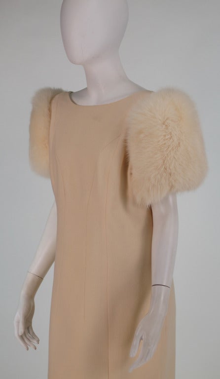 1980s Victor Costa winter white wool & fox fur dress 3