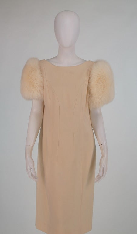 1980s Victor Costa winter white wool & fox fur dress 5