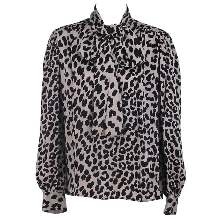 1980s Yves St Laurent YSL black and silver silk leopard spot blouse at ...