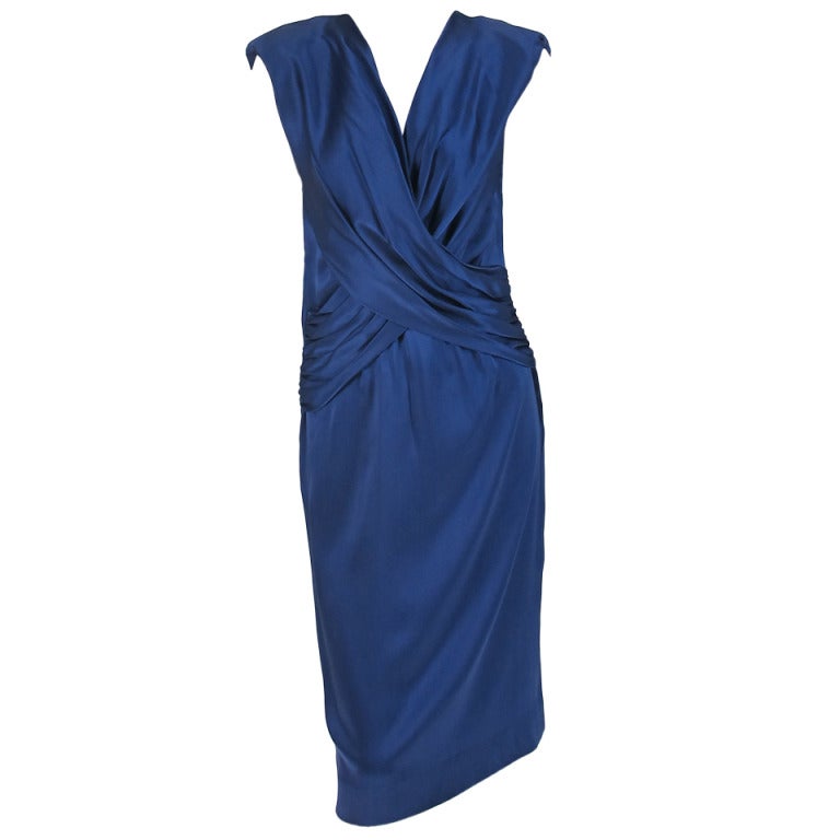 1990s John Anthony marine blue silk cocktail dress For Sale