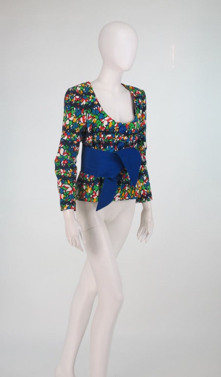 1980s Yves St Laurent YSL vibrant floral jacket with wrap belt In Excellent Condition In West Palm Beach, FL
