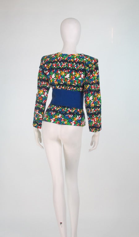 Women's 1980s Yves St Laurent YSL vibrant floral jacket with wrap belt