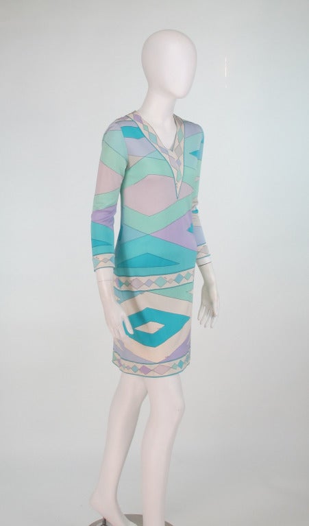 1960s Emilio Pucci aqua geometric silk day dress In Excellent Condition In West Palm Beach, FL