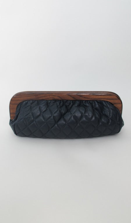 1980s large wood frame navy blue quilted leather clutch bag 2