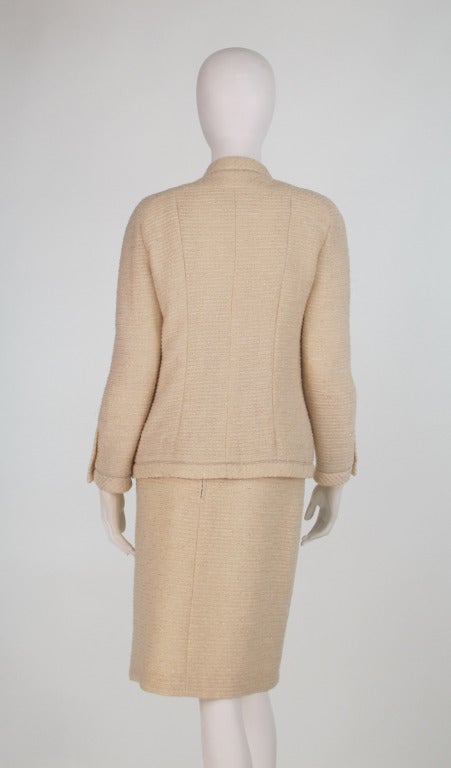 1980s Chanel ivory boucle suit with gold lurex thread 1
