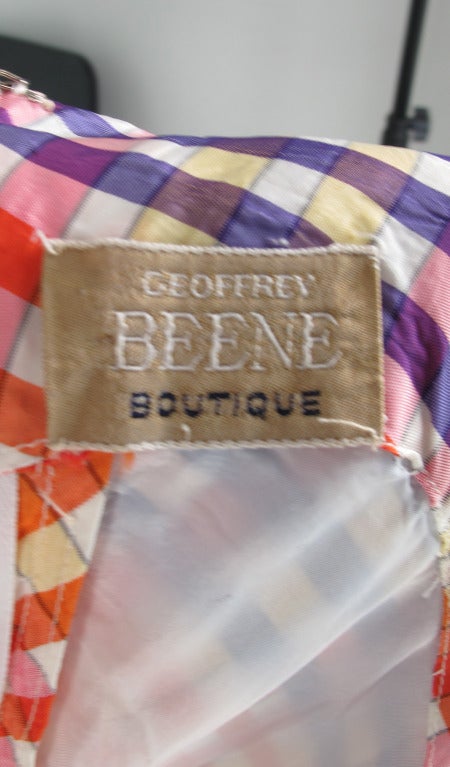1970s Geoffrey Beene bias cut plaid taffeta bow front gown 4