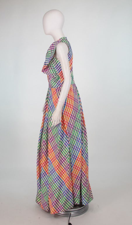 Brown 1970s Geoffrey Beene bias cut plaid taffeta bow front gown