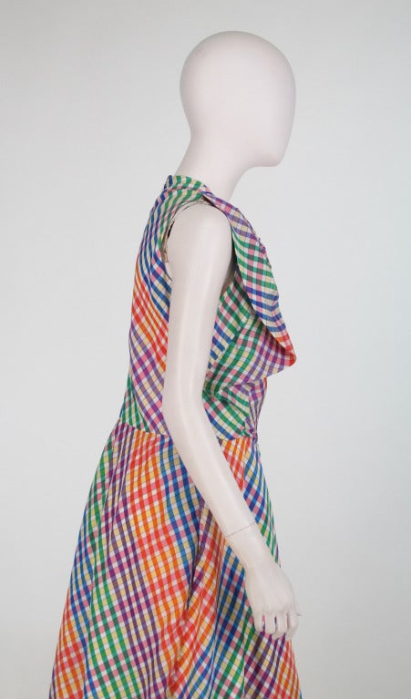 1970s Geoffrey Beene bias cut plaid taffeta bow front gown 2