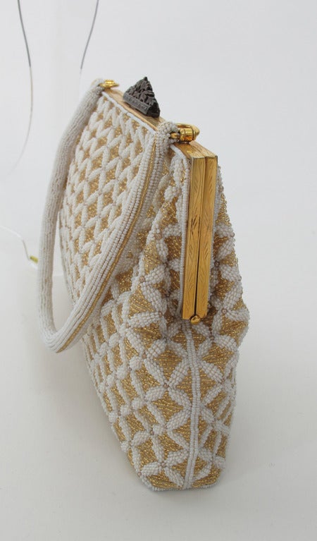 1940s Saks Fifth Ave. made in France gold & ivory beaded evening bag In Excellent Condition In West Palm Beach, FL