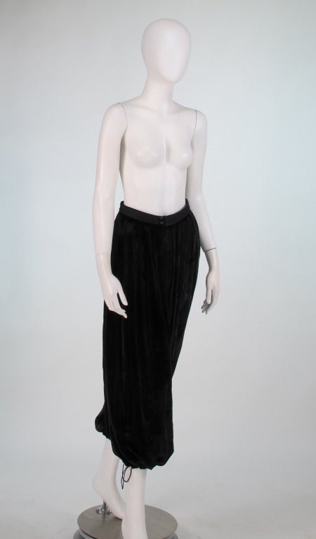 1970s Yves St Laurent black panne velvet zouave pants...Very similar to the white trousers Loulou de La Falaise wore for her 2nd wedding to Thadée Klossowski  in 1977...These are silky black panne velvet...The fitted waist band closes at the front