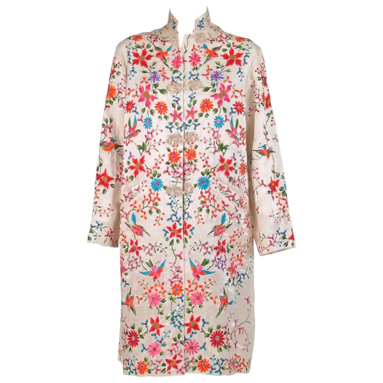 1950s hand embroidered ivory silk coat with birds & flowers