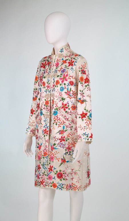 1950s hand embroidered ivory silk coat with birds and flowers at 1stDibs