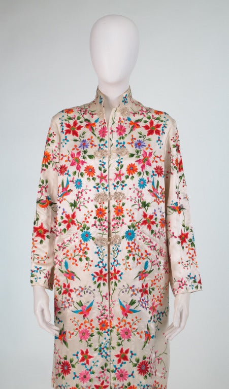 1950s hand embroidered ivory silk coat with birds & flowers 4