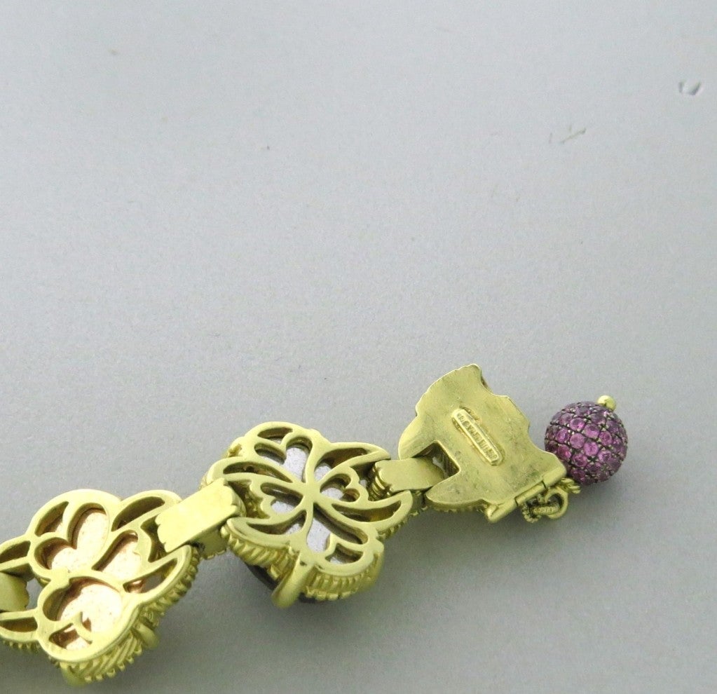 Judith Ripka 18k Gold Ambrosia Custom Made Gemstone Diamond Bracelet Retail - $30000. 
18k Gold,Diamonds,Pink Sapphires,Pink Tourmaline,Pink Opal,Champagne Quartz
MEASUREMENTS:bracelet is 7 1/4