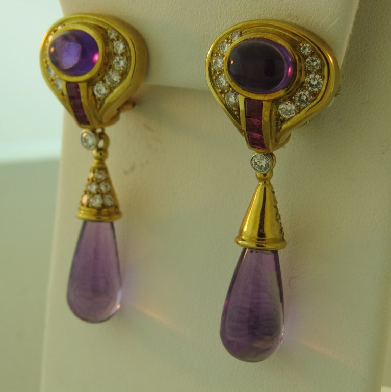 18k Night & Day 18k gold  Lagos Diamond , ruby and amethyst earrings, with removable amethyst and diamond drops. diamonds approx. 1.08ctw G/VS. total 50mm long , tops 20mm wide.