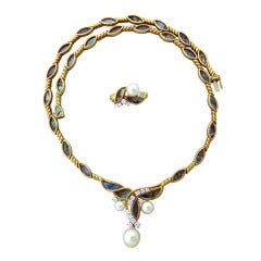 Vintage Gubelin Abalone Pearl Gold Necklace Earrings Set