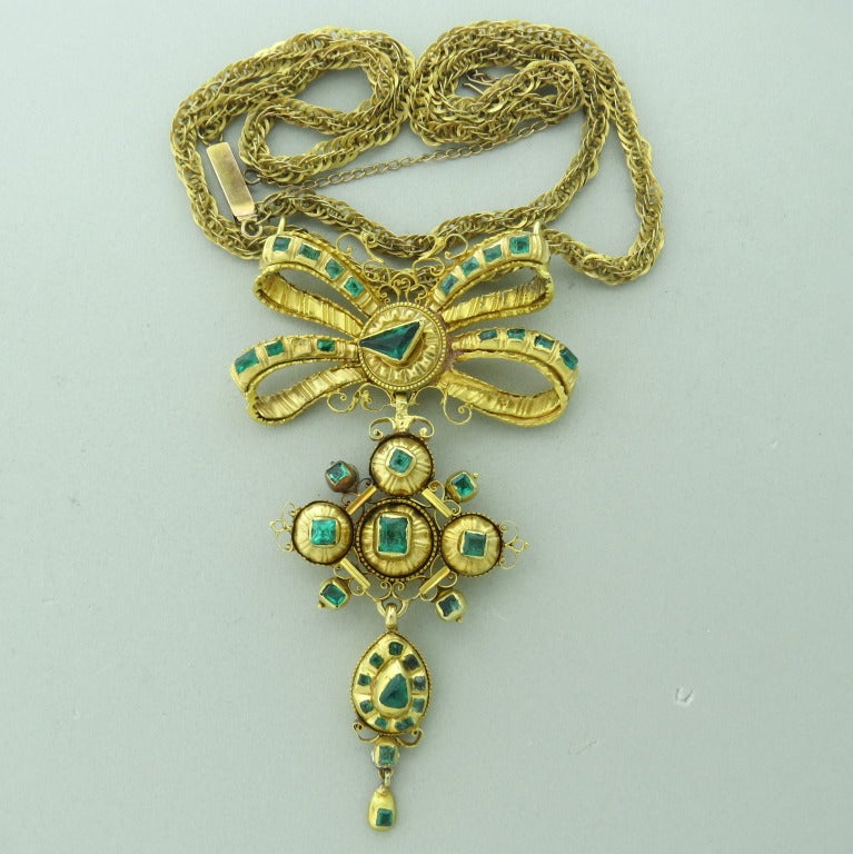 Antique Iberian gold emerald necklace. Measurements - necklace is 20 1/2