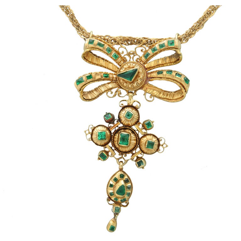 Antique Iberian Emerald Gold Bow Pendant Necklace