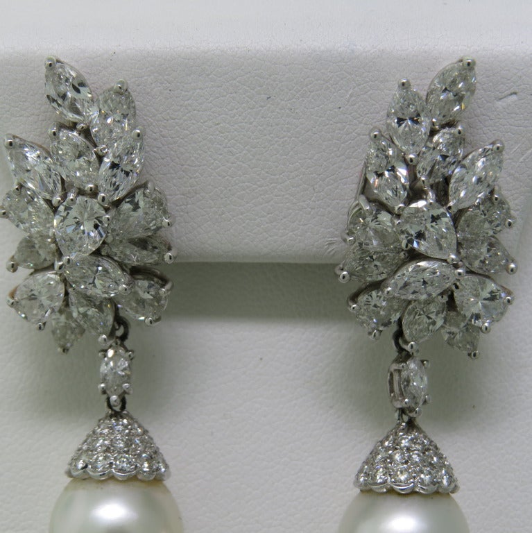 Classic Night & Day Platinum Diamond South Sea Pearl Earrings In Excellent Condition In Lambertville, NJ