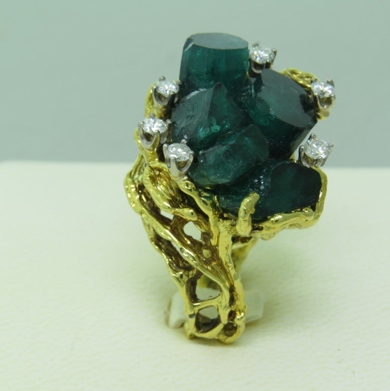 Modern 1960s Gold Chatham Man Made Emerald Diamond Cocktail Ring