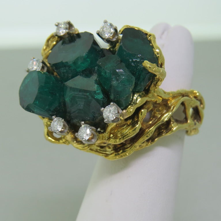 Women's 1960s Gold Chatham Man Made Emerald Diamond Cocktail Ring