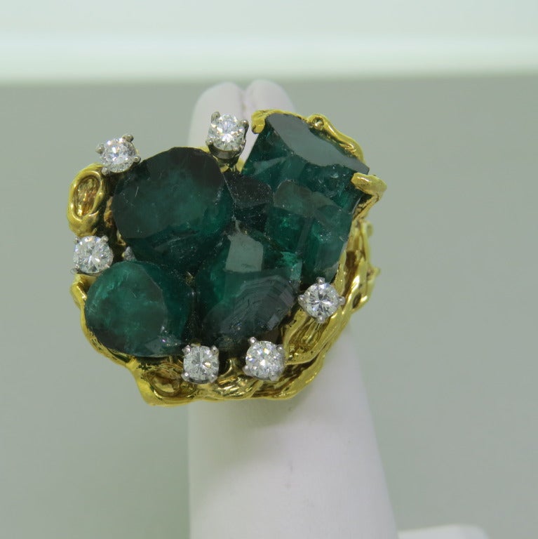 1960s Gold Chatham Man Made Emerald Diamond Cocktail Ring 1