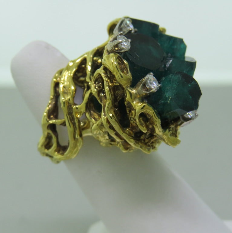 1960s Gold Chatham Man Made Emerald Diamond Cocktail Ring 2