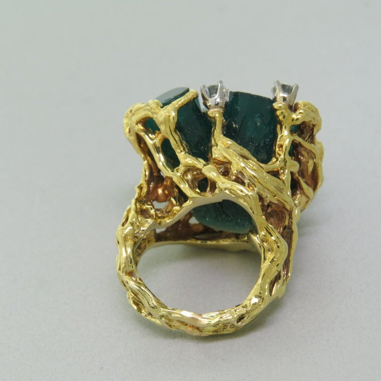 1960s Gold Chatham Man Made Emerald Diamond Cocktail Ring 3