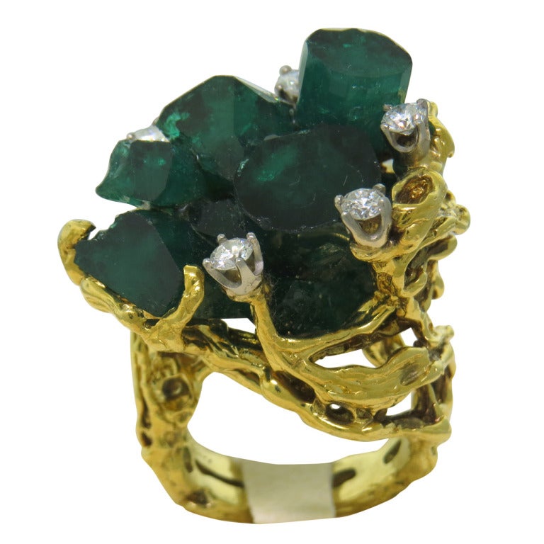 1960s Gold Chatham Man Made Emerald Diamond Cocktail Ring
