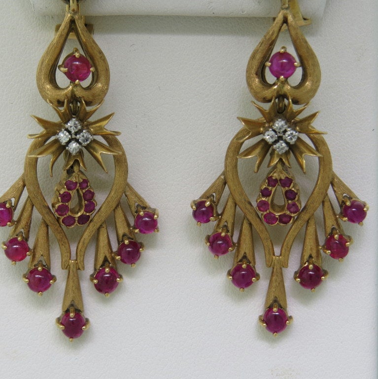 1960s Gold Ruby Diamond Cocktail Earrings In Excellent Condition In Lambertville, NJ