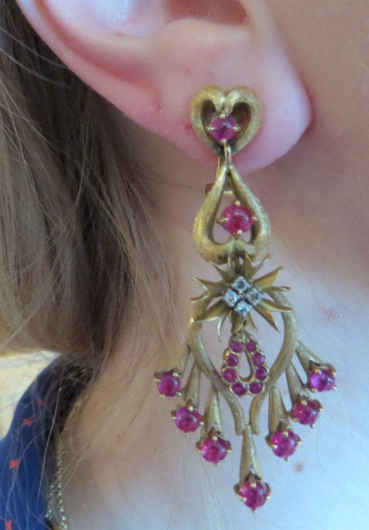 1960s Gold Ruby Diamond Cocktail Earrings 1
