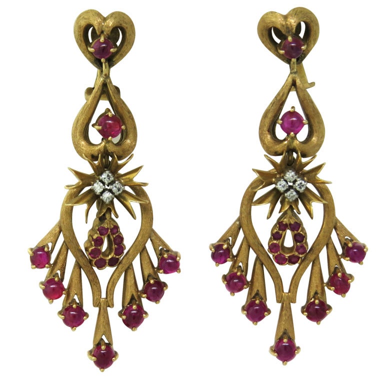 1960s Gold Ruby Diamond Cocktail Earrings at 1stDibs