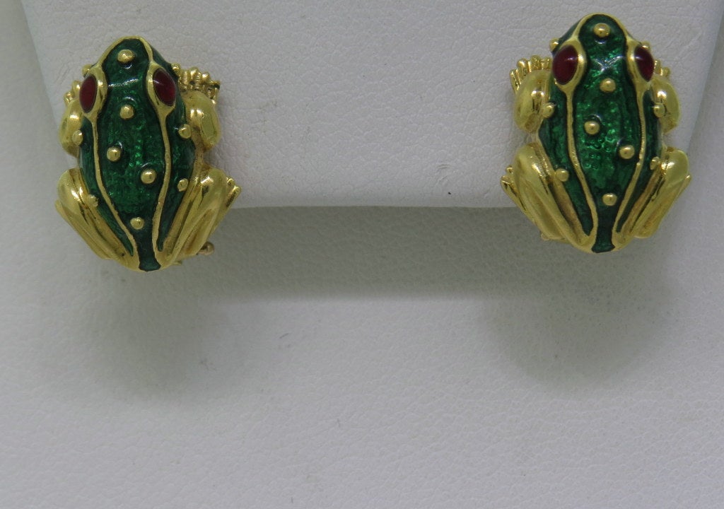Hidalgo 18k gold ruby green enamel earrings. Marked - Hidalgo,94,750. Measurements - 17mm x 13.5mm. Weight - 11.6g