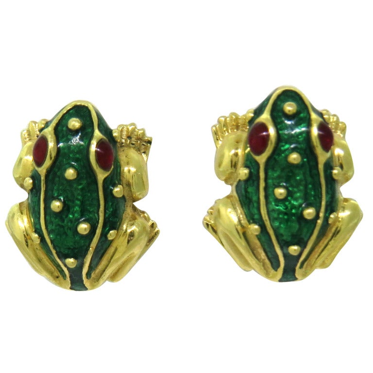 Hidalgo Gold Ruby Enamel Frog Earrings