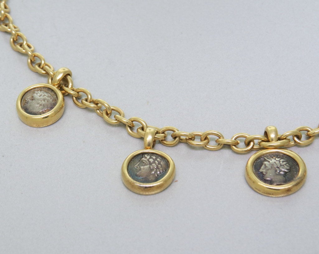 Bulgari 18k Gold Halskette mit fünf antiken Münzen. Markiert - 16