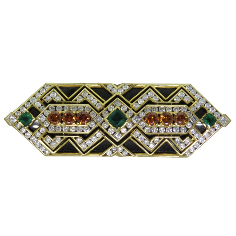 J. Roca Spain Magnificent Gold Diamond Emerald Onyx Brooch