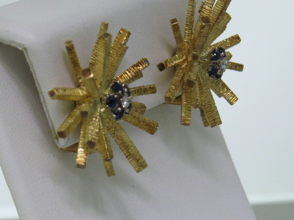 1970s Gold Sapphire Diamond Earrings In Excellent Condition In Lambertville, NJ