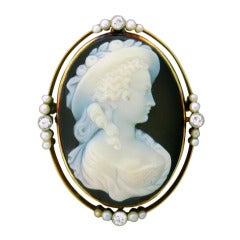 Gold Diamond Pearl Hardstone Cameo Brooch