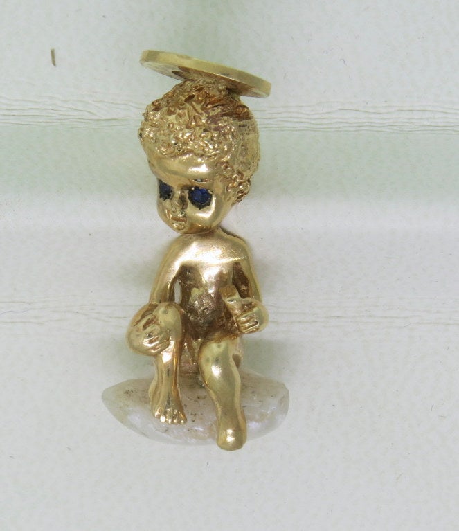 Ruser 14k yellow gold pearl sapphire angel brooch. Measurements - 33mm x 15mm. Marked - Ruser,14k. weight - 10.2g
