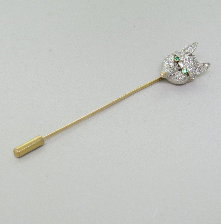 Victorian 1890s Diamond Platinum Gold Emerald Fox Stick Pin