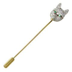 1890s Diamond Platinum Gold Emerald Fox Stick Pin