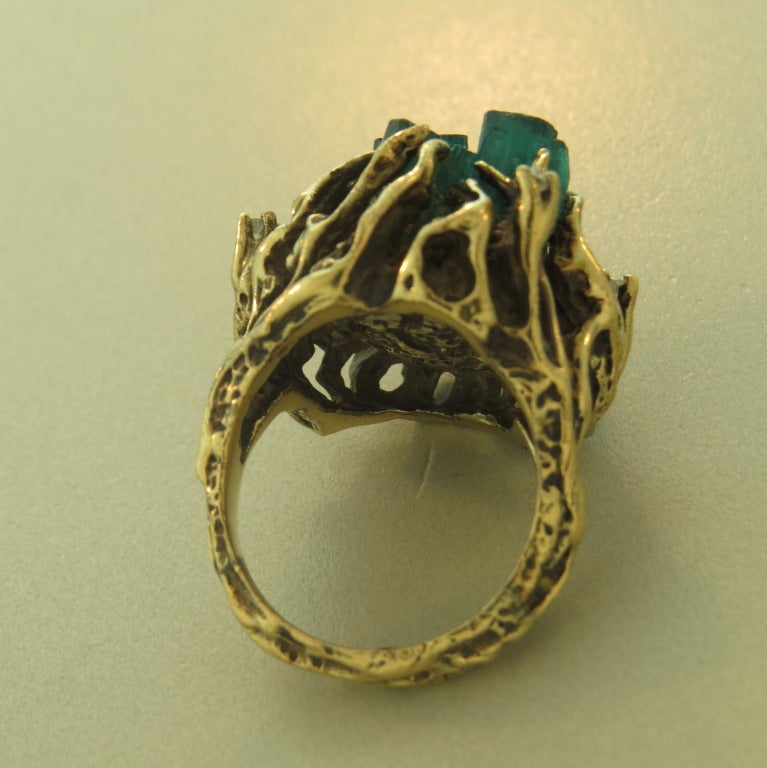 Gold Chatham Man Made Emerald Diamond Cocktail Ring In Excellent Condition In Lambertville, NJ
