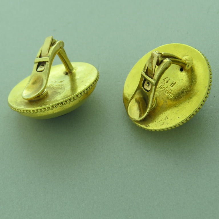 Ilias Lalaounis Greece 18k yellow gold lapis round earrings. Measurements - 26mm in diameter, lapis - 8.8mm in diameter. Marked - Ilias Lalaounis,H 17,Greece,750. weight - 21.0g