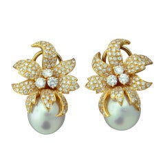 Cocktail South Sea Pearl Diamond Gold Earrings