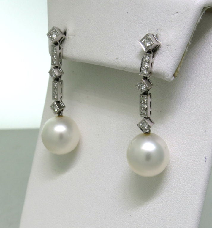 Gold Diamond South Sea Pearl Drop Earrings In Excellent Condition In Lambertville, NJ