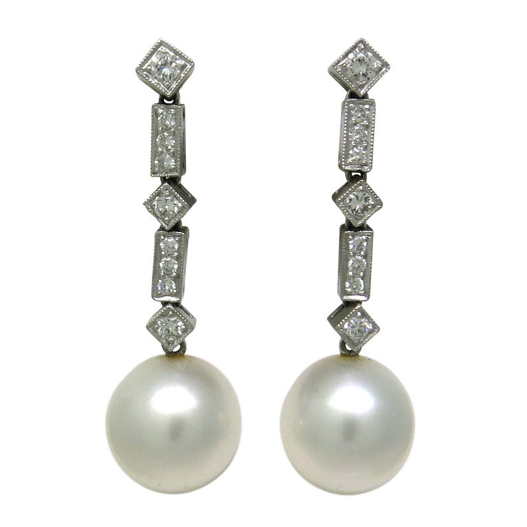 Gold Diamond South Sea Pearl Drop Earrings