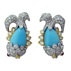 Whimsical David Webb Turquoise Diamond Ruby Platinum Gold Earrings 11