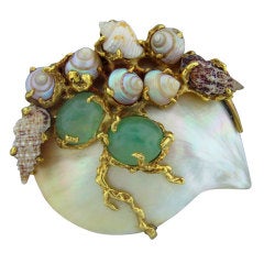 ARTHUR KING Gold Seashell Gemstone Brooch Pin