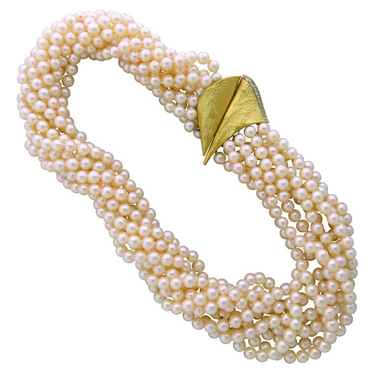 Gold Pearl Diamond Multi Strand Necklace For Sale (Free Shipping) at