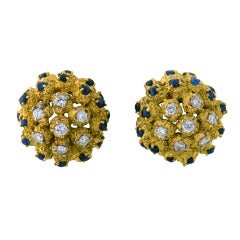 1970s Sapphire Diamond Gold Sea Urchin Earrings